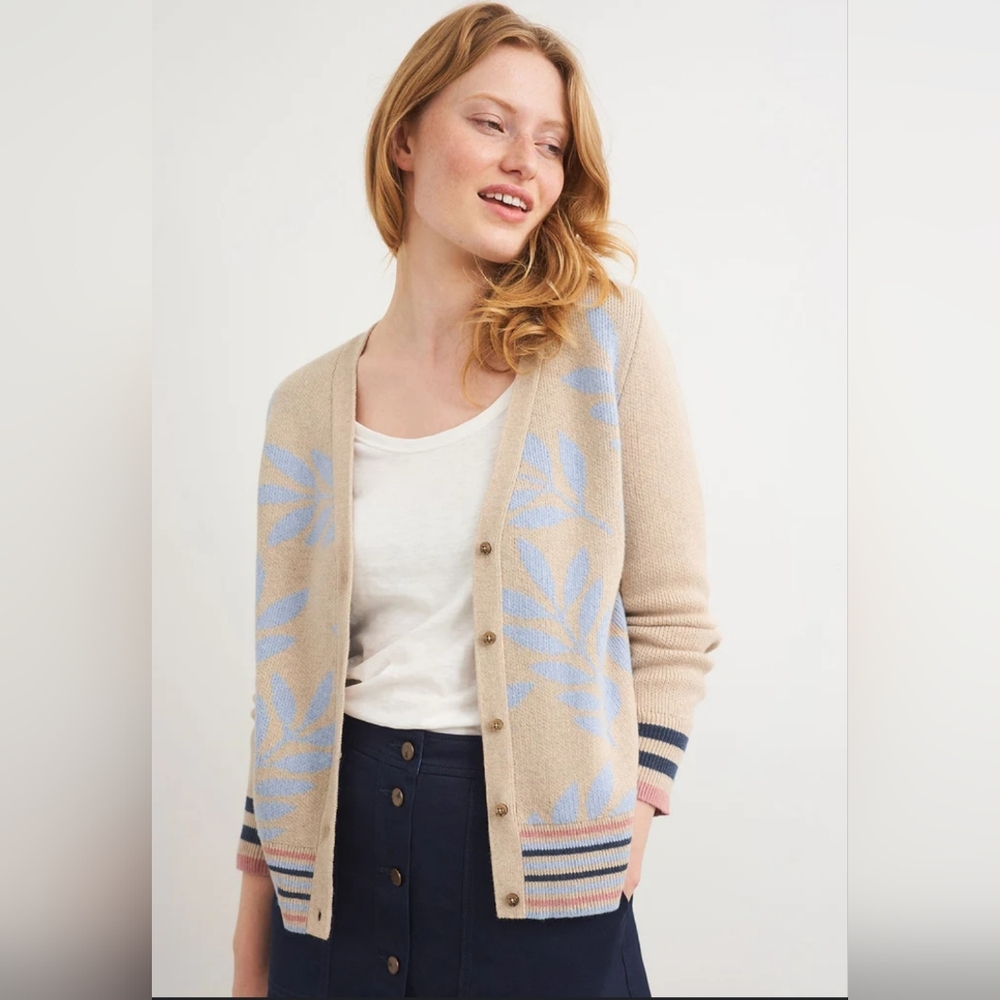 Beige Floral-Pattern Button Front Cardigan Sweater
